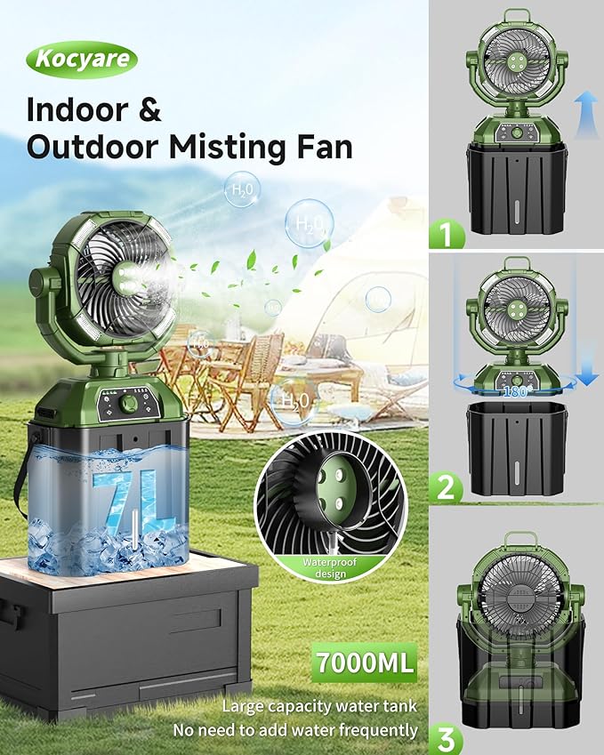Misting fan with 7L bucket 90°Oscillating ,4 Spray Mister 25000mAh Rechargeable Camping fan with Remote Control Stepless Speed and Timer for Patios/Camping，Waterproof Design Outdoor Fans (Green)