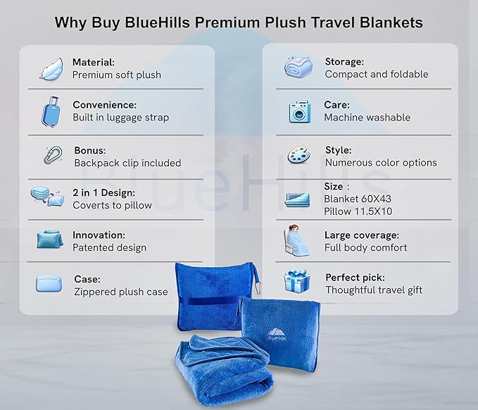 BlueHills 2-Pack Premium Soft Travel Blanket Pillow Airplane Blanket in Soft Bag Pillowcase with Hand Luggage Belt and Backpack Clip, Compact Pack Large Blankets for Any Travel Royal Blue T015