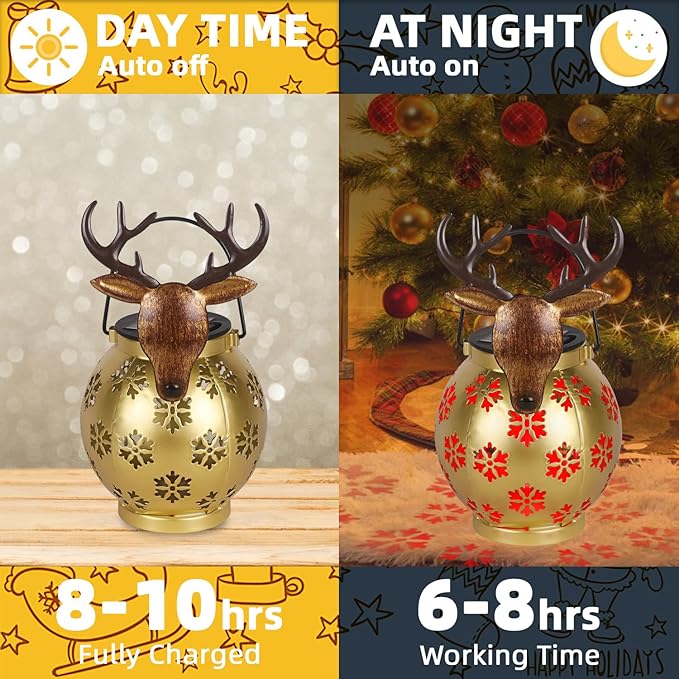 Gold Deer Christmas Lanterns Outdoor with LED Light and Hollow Snowflake Solar Reindeer Christmas Decorations Outside for Garden Patio Yard Porch Art Decoration