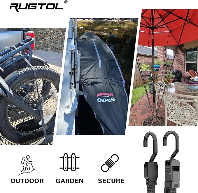 Bungee Cords with Hooks, 48 Inch Adjustable Flat Bungee Straps with Quick Release Buckle, Rubber Black Heavy Duty Elastic Cords with Metal Hooks for Bike Rack, Outdoor, Camping, Tarp, 6 Pack