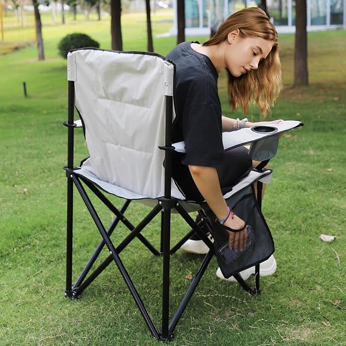 Heavy Duty Camping Chairs 600D Oxford Portable Folding Chair - Extra Wide Armrests, Cup Holder & Cooler Bag, Supports 350lbs, Ideal for Outdoor, Beach, Picnic & Sports