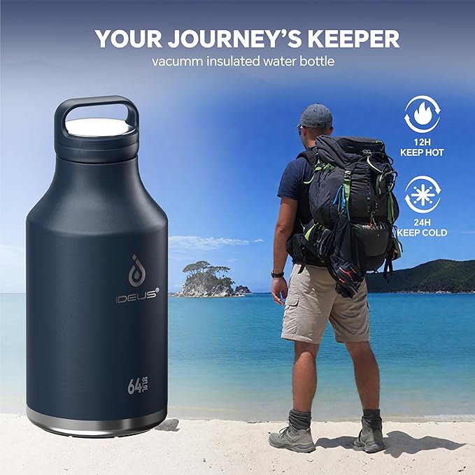 IDEUS Insulated Stainless Steel Water Bottle with 2 Leak-Proof Lids, Thermal Water Flask for Hiking Biking, 64oz, Navy Blue