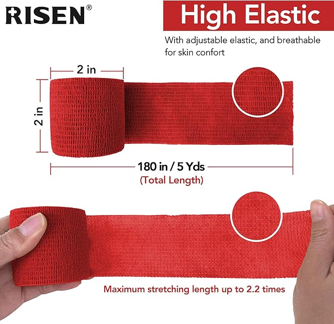 RISEN Cohesive Bandage 2” x 5 Yards, 6 Rolls, Self Adherent Wrap Medical Tape, Adhesive Flexible Breathable First Aid Gauze Ideal for Stretch Athletic