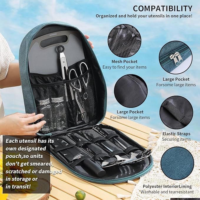 Evanda Camping Kitchen Cooking Utensil Set 10 Piece, Stainless Steel Outdoor Cooking and Grilling Utensil Organizer Travel Set Perfect for Travel, Camping, RVs, BBQs, Picnics, Parties and More