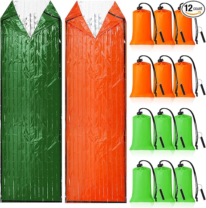 Qunclay 12 Set Emergency Sleeping Bag Survival Bivvy Sack Blanket with Whistles Lightweight Portable Thermal Survival Bag Thick Tent with Hood Extension Nylon Stuff Sack