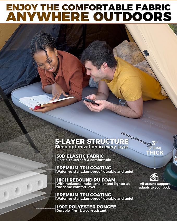 KingCamp Self Inflating Sleeping Pad, R 7.9 Air & Foam Camping Mattress 2 Person, 3" Thick Full Size Double Sleeping Pad with Air Pump for Camp Tent Outdoor Car, PVC Free (Grey)