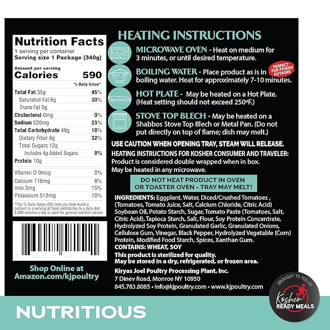 KJ Poultry Kosher Parve Ready Meals - Eggplant Parmesan, MRE Meals Ready to Eat, Halal, (3 Pack) Prepared Entree Fully Cooked, Shelf Stable Microwave Dinner Travel, Military, Camping, Emergency