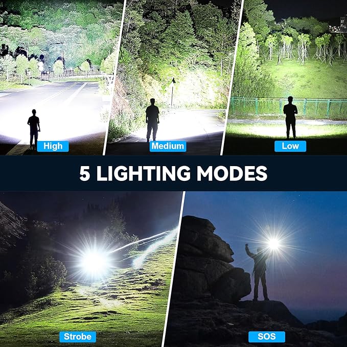 Flashlight Rechargeable LED High Lumens - 99,000 Lumens Super Bright Flashlights with 5 Modes, Adjustable，Waterproof Powerful Flash Light for Home, Camping(2 Pack)