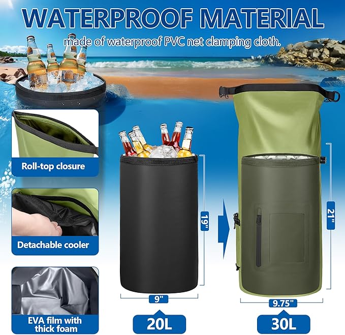 30L Waterproof Dry Bag with 20L Detachable Cooler, Dry Bag Cooler Backpack with Phone Pocket and Bottle Pouch, Suitable for Kayaking, Boating, Camping and Water Activities
