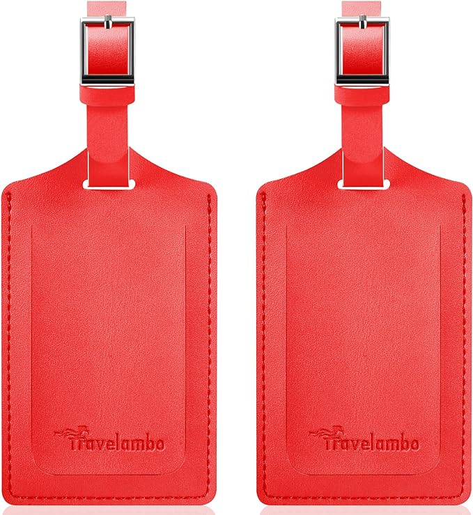 Travelambo Luggage Tags for Suitcases Faux Leather Privacy Protection 2 Pack Bag Tags Travel Accessories Essential, Classic Red