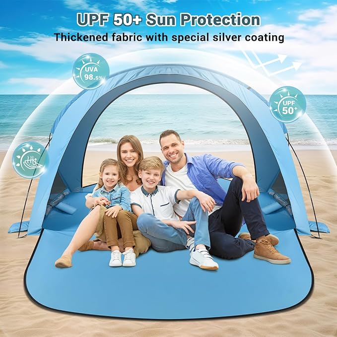 Beach Tent Sun Shelter, Beach Tent with Beach Mat Set, 4 Person Portable Beach Shade Canopy with UPF 50＋ UV Protection, Dual-Door Ventilation Design, Easy Setup Family Beach Umbrella (Blue)
