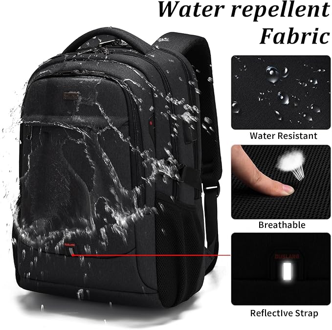 DUSLANG 17 Inch Laptop Backpack for Travel Water Resistant College Backpack for Men/Women Laptop Bag with USB Charging Port and TSA lock, Dark Black