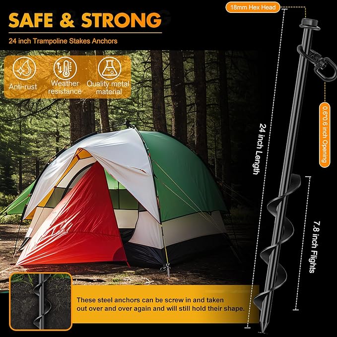 Hiboom Ground Anchor Screw Heavy Duty Earth Anchors Tent Stakes for High Wind with T Handle Hex Wrench Trampoline Hook Ground Stakes for Camping Canopies Car Ports Sheds
