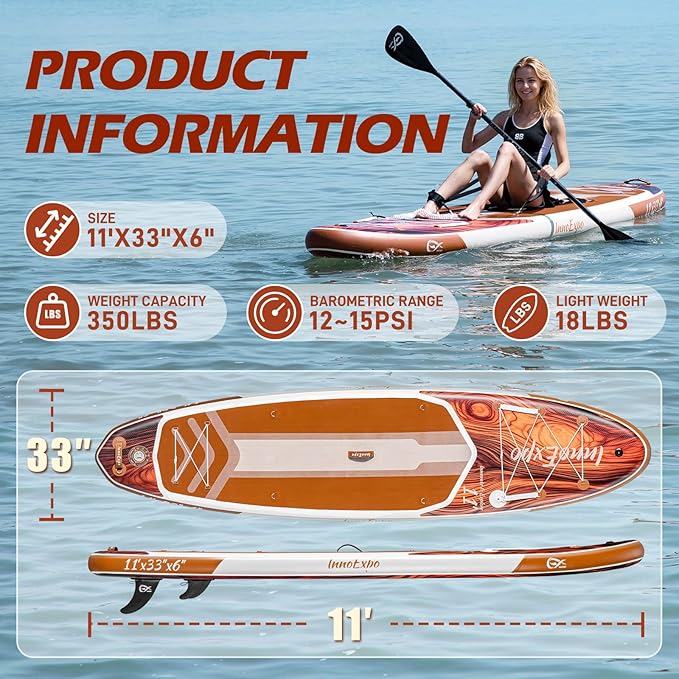 InnoExpo 11' Inflatable Stand Up Paddle Boards with Premium Accessories, Wide Stable SUP Paddle Board Design, Non-Slip Comfort Deck for Youth & Adults
