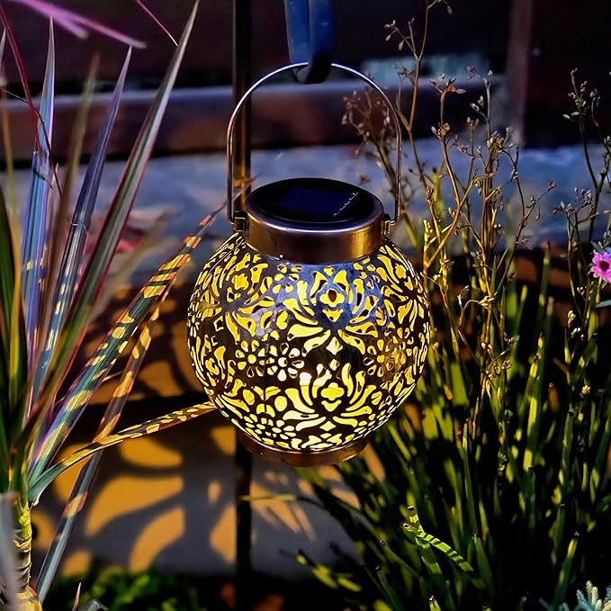 Outdoor Solar Hanging Lantern Lights Metal LED Decorative Lamp for Garden Patio Courtyard Lawn and Table with Hollowed-Out Design (Bronze)