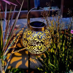 Outdoor Solar Hanging Lantern Lights Metal LED Decorative Lamp for Garden Patio Courtyard Lawn and Table with Hollowed-Out Design (Bronze)