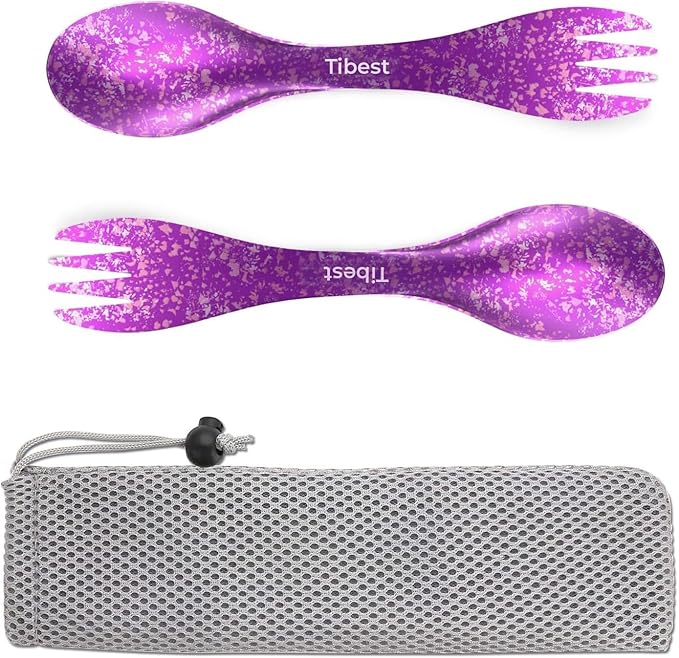 2 in 1 Titanium Spoon and Fork Combo Backpacking Utensils Lightweight Eco-Friendly Spork for Camping Backpacking Hiking Travel etc (2 Pack)