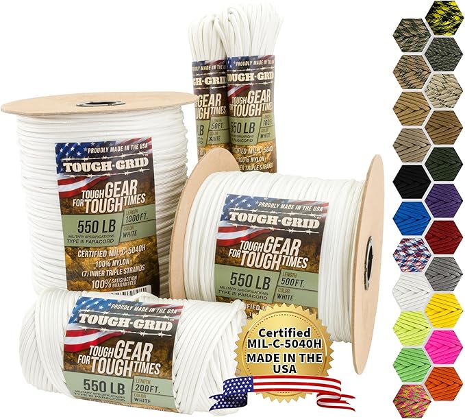 TOUGH-GRID 550 Paracord Rope Nylon Parachute Cord, Made in USA Survival Kit, Outdoor Adventures, Camping, Tactical Gear & Emergency Supplies, Military Type III Mil-Spec