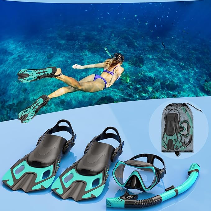 Snorkeling Gear for Adults, Mask Fin Snorkel Set, Dry Top Snorkel, Snorkeling Kit Travel Diving Package, Panoramic View Anti-Fog Anti-Leak Adjustable Swim Fins