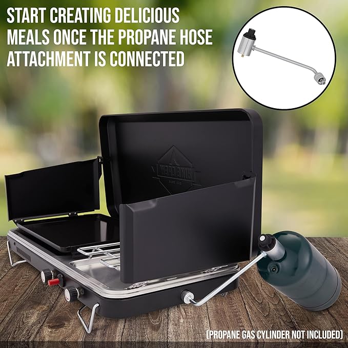 Hike Crew 2-in-1 Gas Camping Stove and Griddle, Portable Propane Burner w/Integrated Igniter & Stainless Drip Tray | Built-in Carrying Handle, Foldable Legs & Wind Panels | Includes Regulator