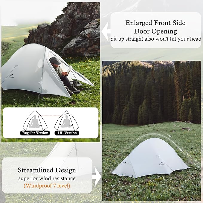 Naturehike 1-2 People Cloud up UL Tent, Rainproof PU1500mm & Windproof Upgrade Ultralight Tents,2.3lbs/2.68lbs, for Cycle Camping,Backpacking,Hiking,Self-Standing, Construction