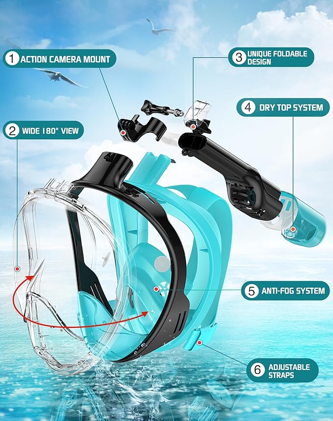 Greatever Full Face Snorkel Mask, Snorkeling Gear for Adults with Latest Dry Top Breathing System and Detachable Camera Mount, Foldable Snorkel Mask Adult, Snorkels Anti-Fog & Anti-Leak