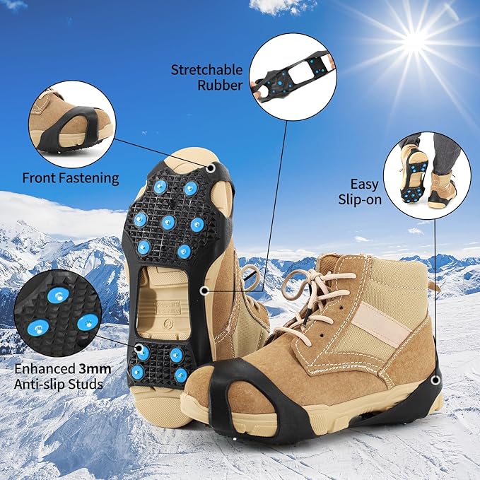 Non-Slip Ice Cleats Snow Grips, Strong Traction Crampons 11 Steel Studs, for Shoes and Boots, Snow Ice Walking