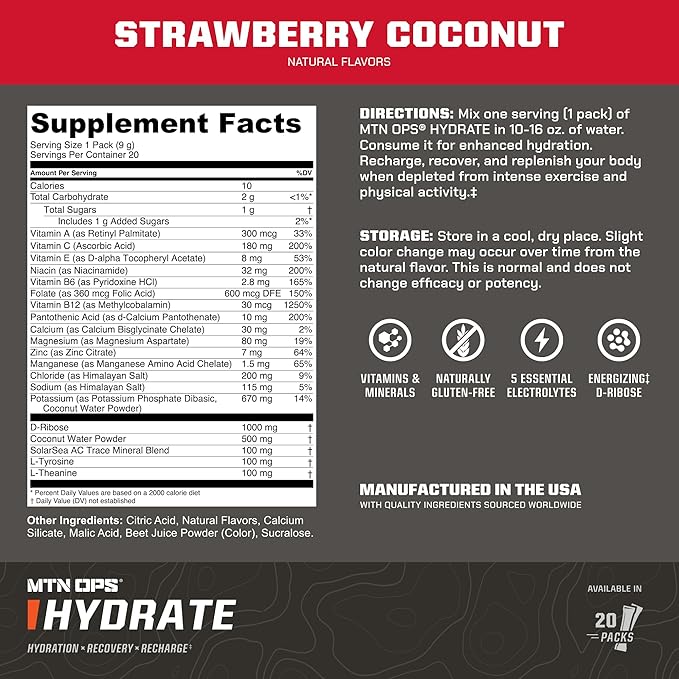 MTN OPS Hydrate Electrolytes Powder Drink Mix, 20 Single Serving On-The-Go Electrolyte Packs with Over 1000mg of Electrolytes per Serving, Strawberry Coconut