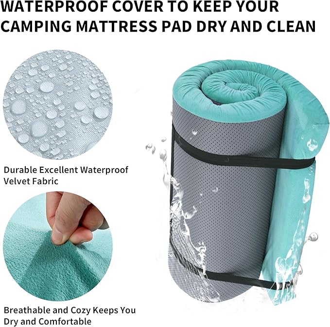 HOMBYS 3 INCH Thick Waterproof Memory Foam Camping Mattress for Outdoor Sleeping, Portable Roll Up Mattress Pad Mat for Travel Truck Bed Tent