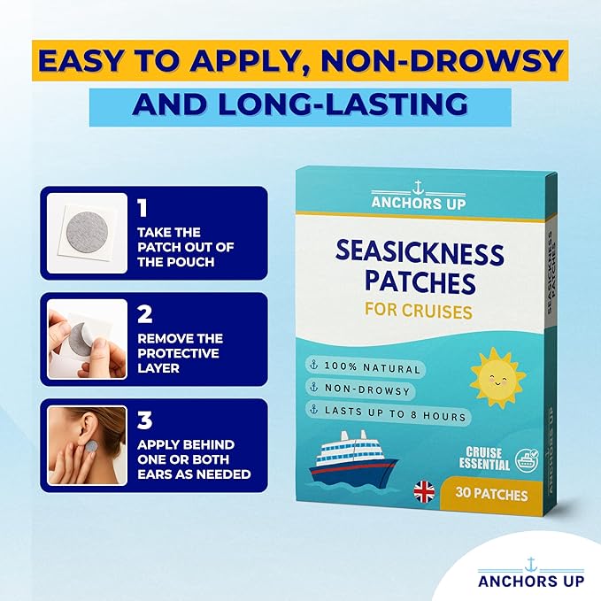 Seasickness Patches for Cruises – Treats Motion and Sea Sickness – Non-Drowsy – 100% Natural – Fast Relief – Long-Lasting – Box of 30 – Cruise Essential by AnchorsUp