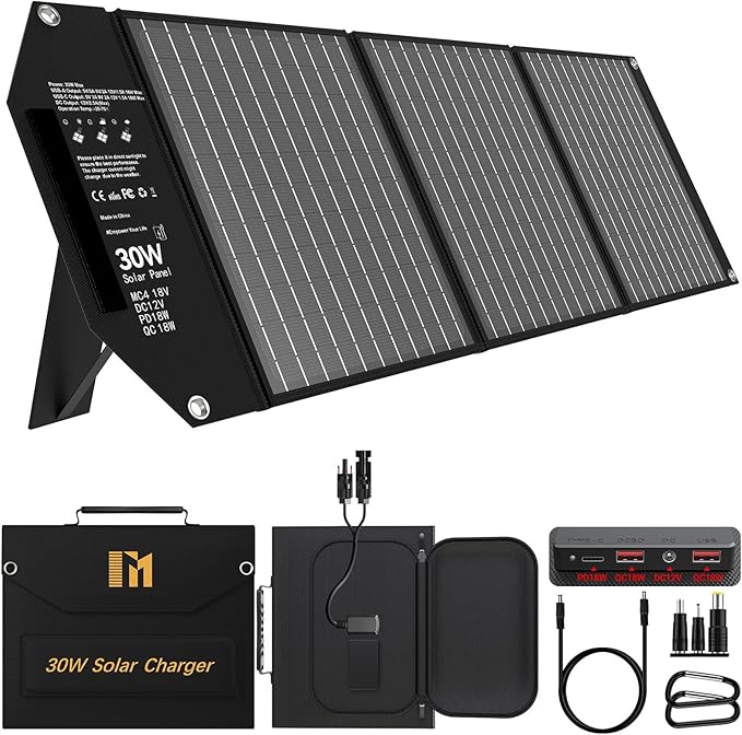 30W Portable Solar Charger Foldable Solar Panel with USB C and USB A 18V MC4 DC for Camping Backpacking Travel Fast Charging for iPhone LG Google Cell Phone Power Bank Generator Power Station