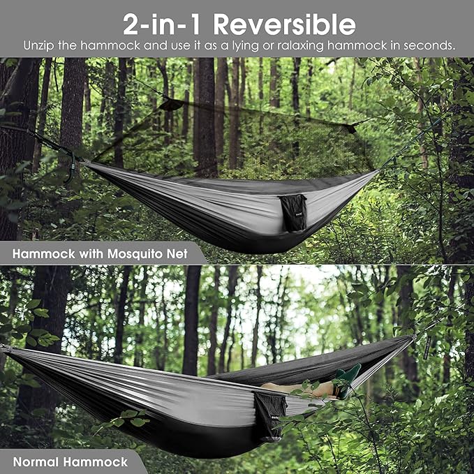 G4Free Large Camping Hammock with Mosquito Net 2 Person Pop-up Parachute Lightweight Hanging Hammocks Tree Straps Swing Bed for Outdoor Backpacking Backyard Hiking