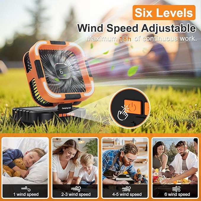 Portable Camping Fan with Solar Panel, 10000mAh Solar Powered fan, 6 Speed Levels, 120° Oscillation, 3 Light Modes, 6H Timer, Handle, Foldable Rechargeable Outdoor Fan for Tent, Hiking, Beach