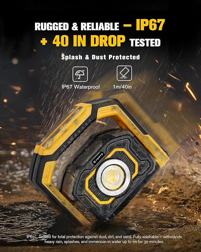 FORTO Rechargeable Magnetic Work Light 2 Pack – Dual Beam & 360° Rotating with Dual Stands, Oil-Resistant & Hands-Free Lighting for Garage, Workshop, Car Repair & Emergencies (Yellow)