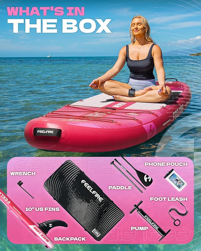 Feelfire11'x34” Extra Wide Inflatable Paddleboard, Stand-up Paddle Board for Adults, 420lb Capacity for Yoga/Fishing/Family, EVA Deck, US Fin, High-Pressure Pump, Storage Backpack, Safety Leash
