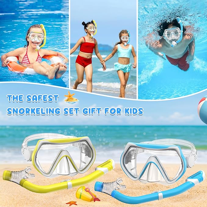 Snorkeling Gear for Kids, Kids Snorkel Set for Ages 6-14, Dry Top Snorkel, Mask Set Kid Swimming Goggles Diving Mask Combo Set Anti-Fog Panoramic View Scuba Packages