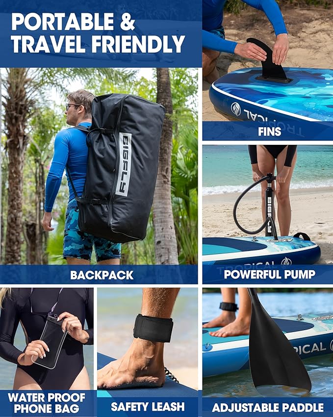 Bigfly Inflatable Stand Up Paddle Board 11’*34”*6”, Blow Up Paddle Board for Adults,with Detachable Fins, Pump, Floating Paddle, Safety Leash,Backpack