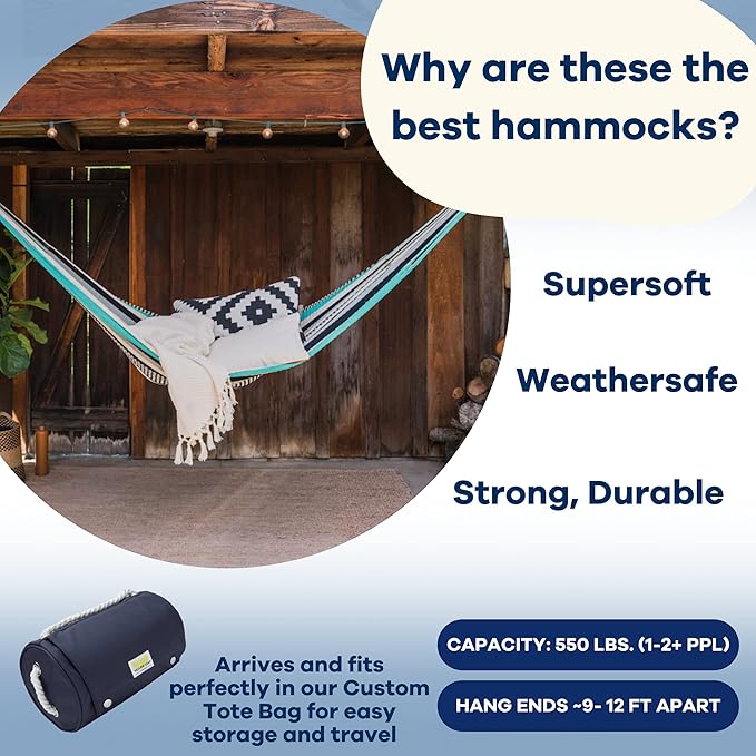 Handwoven Hammock by Yellow Leaf Hammocks - Family Size, Fits 2+ PPL, 550lb max - Weathersafe, Super Strong, Easy to Hang, Ultra Soft, Artisan Made - Color: Turquoise - Black -White