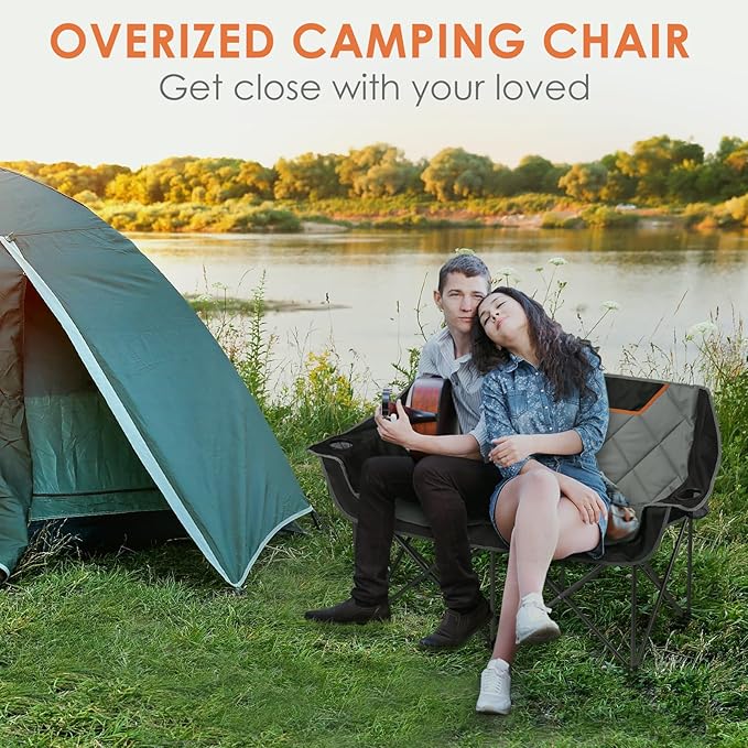 EMERIT Oversized Double Duo Camping Chair Folding Camping Loveseat 2 Person Camping Couch Heavy Duty Lawn Chairs for Outside with Padded Seats & Armrests-Support 650LBS
