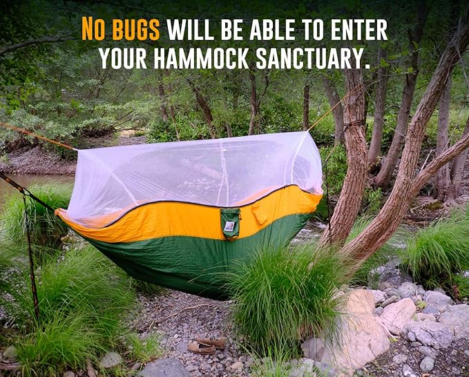 X-Large 2 Person Camping Hammock with Mosquito Net - Compact Double Hammock with Bug Net, Pocket, Tree Straps & Heavy Duty Carabiners - Parachute Grade Nylon Can Hold Over 600lbs of Weight