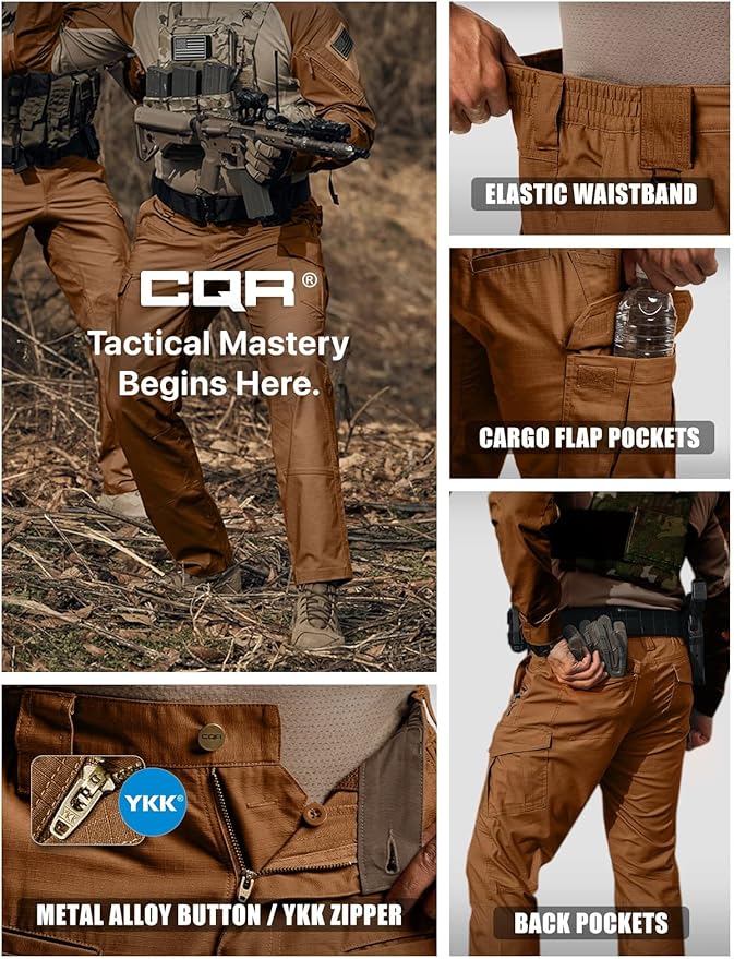 CQR Men's Flex Ripstop Tactical Pants, Water Resistant Stretch Cargo Pants, Lightweight EDC Hiking Work Pants