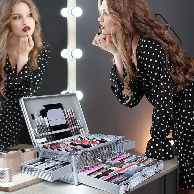Pure Vie All-in-One Holiday Gift Makeup Set Cosmetic Essential Starter Bundle Include Eyeshadow Palette Lipstick Concealer Blush Mascara Eyeliner Face Powder Lipgloss Brush - Makeup Full Kit for Women