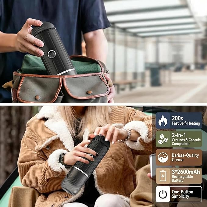 Portable Espresso Machine with 3-4 Min Self-heating, 12V Rechargeable Electric Coffee Machine 19 Bar Compatible with NS Capsules and Ground Coffee for Car Camping Travelling