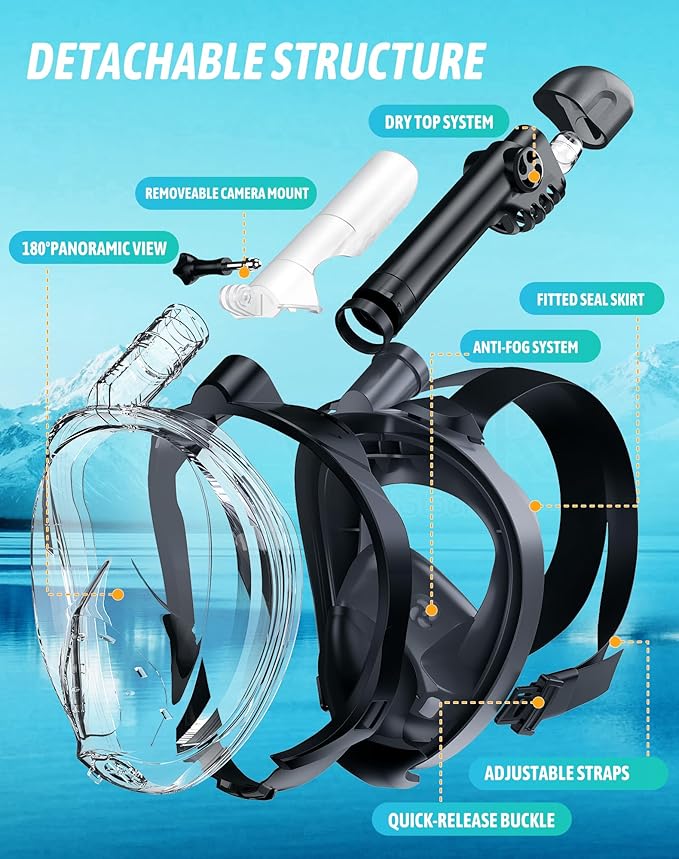 Zenoplige Full Face Snorkel Mask Adults,Dry-Top Snorkeling Gear with Camera Mount,Foldable 180-Degree Panoramic Scuba Mask for Snorkeling Diving Swimming Travel,Snorkel Mask Anti-Fog & Anti-Leak