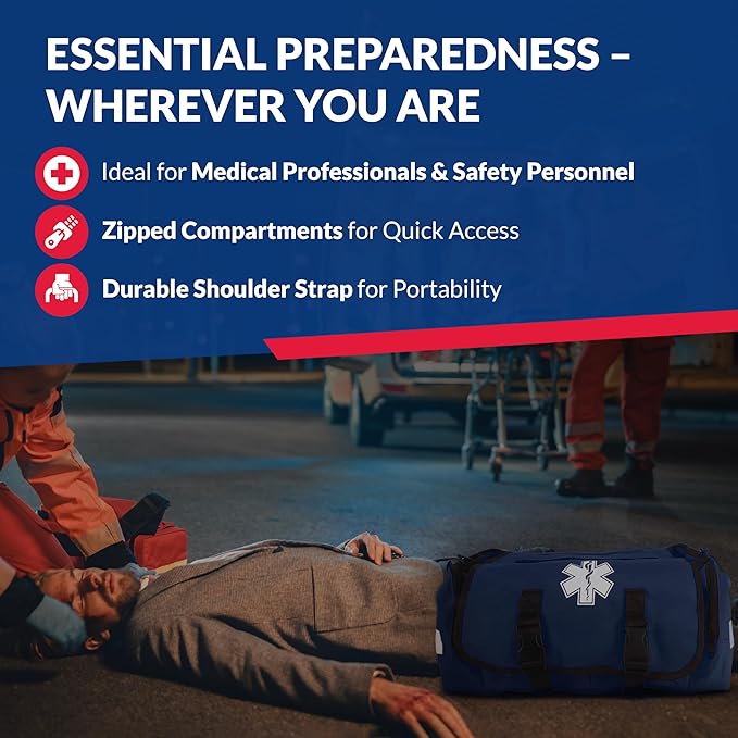 First Responder Trauma First Aid Kit Bag – Fully Stocked Emergency Medical Kit for Workplace, Vehicle & Home – OSHA & ANSI Compliant – Portable – Blue