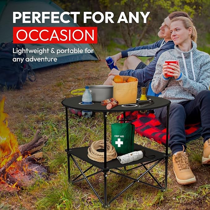Camping Table, 2-Tier Folding Portable Table with 4 Cup Holders, Camping Cip & Carry Bags for Camping, Collapsible Table Steel Frame, High-Grade 600D Canvas, for BBQ, Fishing, and Picnic