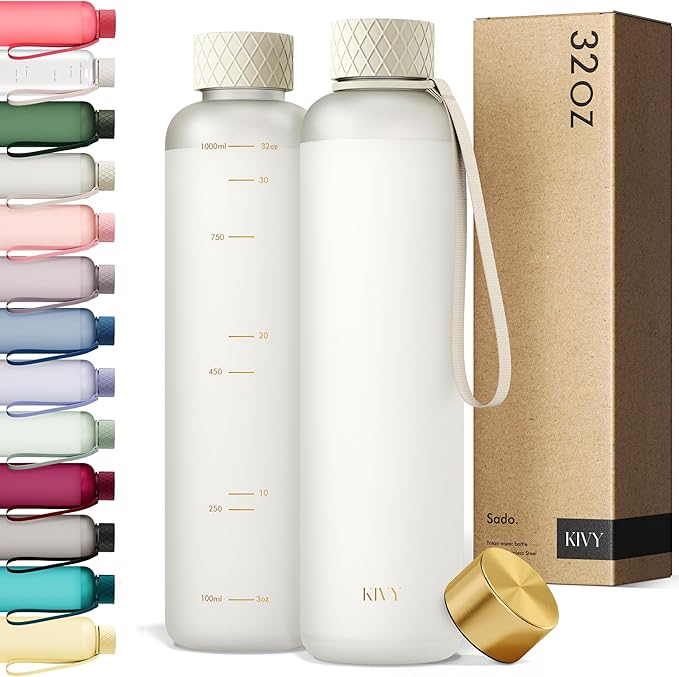 KIVY Slim Water Bottle 32oz [Lightweight & Shatterproof] Fits Cupholder & Backpack - Dishwasher safe water bottle no straw - Cute aesthetic water bottles screw top - Bpa free, Gold, White water bottle
