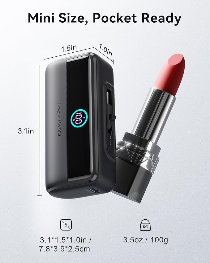 INIU Mini Portable Charger, 5500mAh Power Bank with Build-in USB-C Connector, 22.5W PD Fast Charging USB C in&Out Battery Pack, External Phone Charger for iPhone 17 16 15, Samsung S24 S23, Google etc