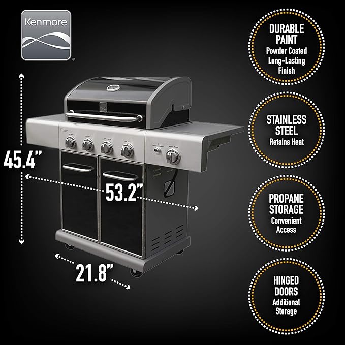 Kenmore 4-Burner BBQ Gas Grill with Searing Side Burner, Propane Grill, 52,000 BTUs, Warming Rack, Electronic Ignition & Cast Iron Cooking Grates, Black/Stainless Steel + Bonus Cover