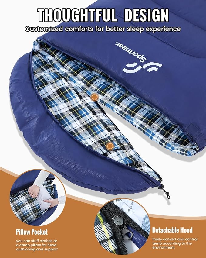 Sportneer Sleeping Bags for Adults, 0 Degree Sleeping Bag XL Flannel Winter Cold Weather Sleeping Bag with Detachable Hood Compression Sack for Camping, Backpacking, Hiking